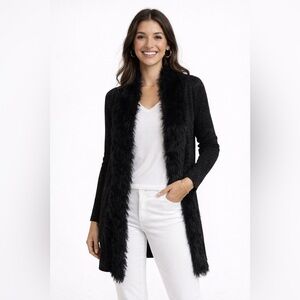 Lauren Michelle Black Sparkle Longline Faux Fur Trim Cardigan Coat